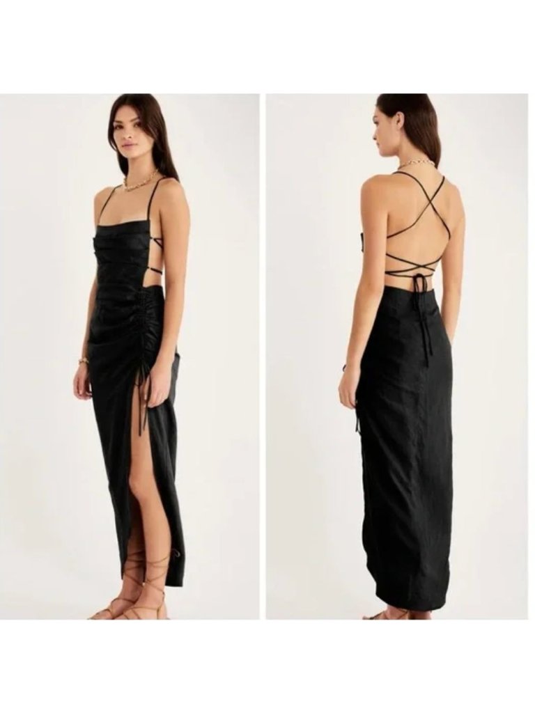 Rumer Loulou Black Strappy Back Ruched Maxi Dress W/ Side Slit Nwt - M